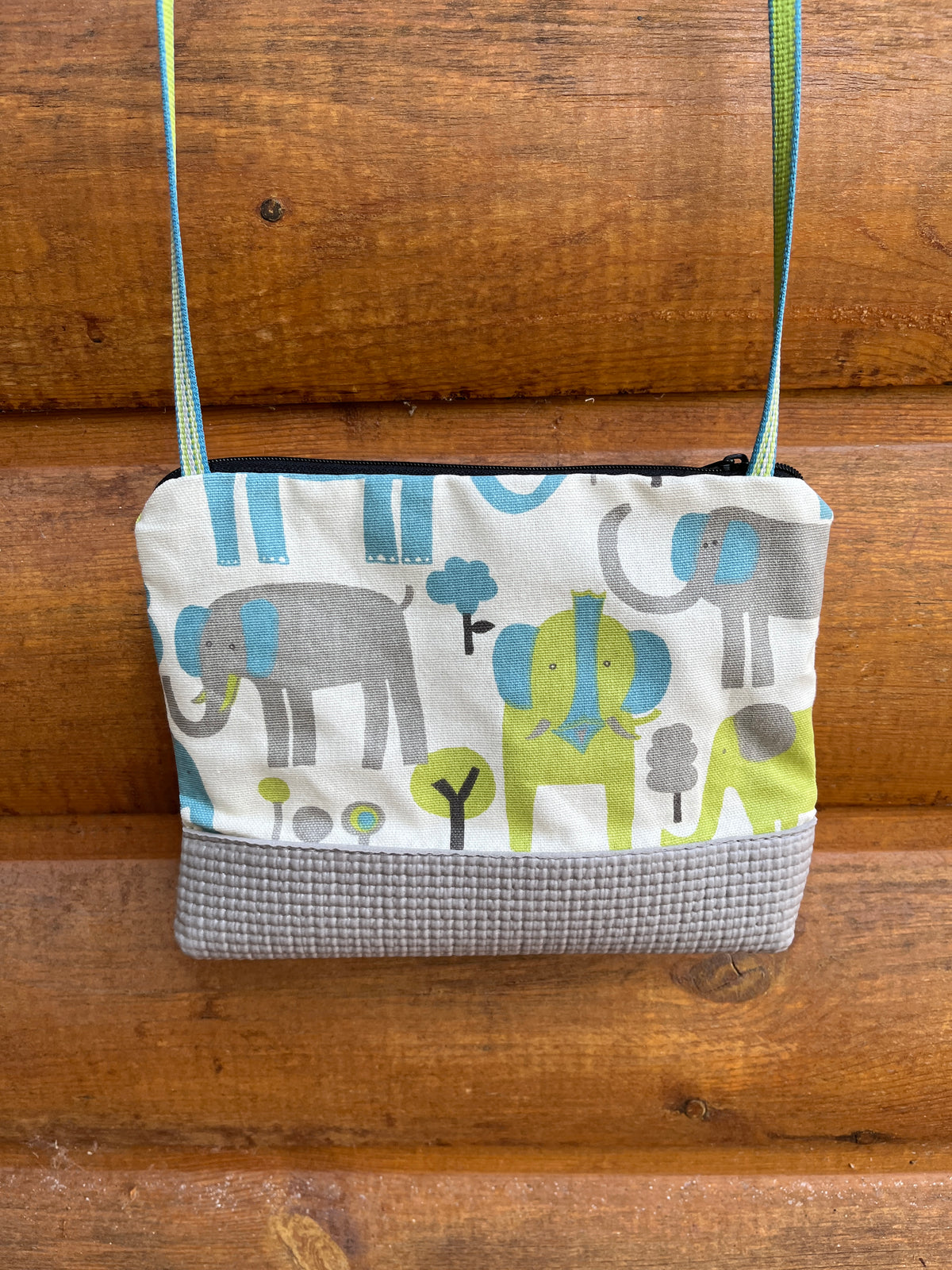 Gray Long Strap Purse - Elephant print fabric