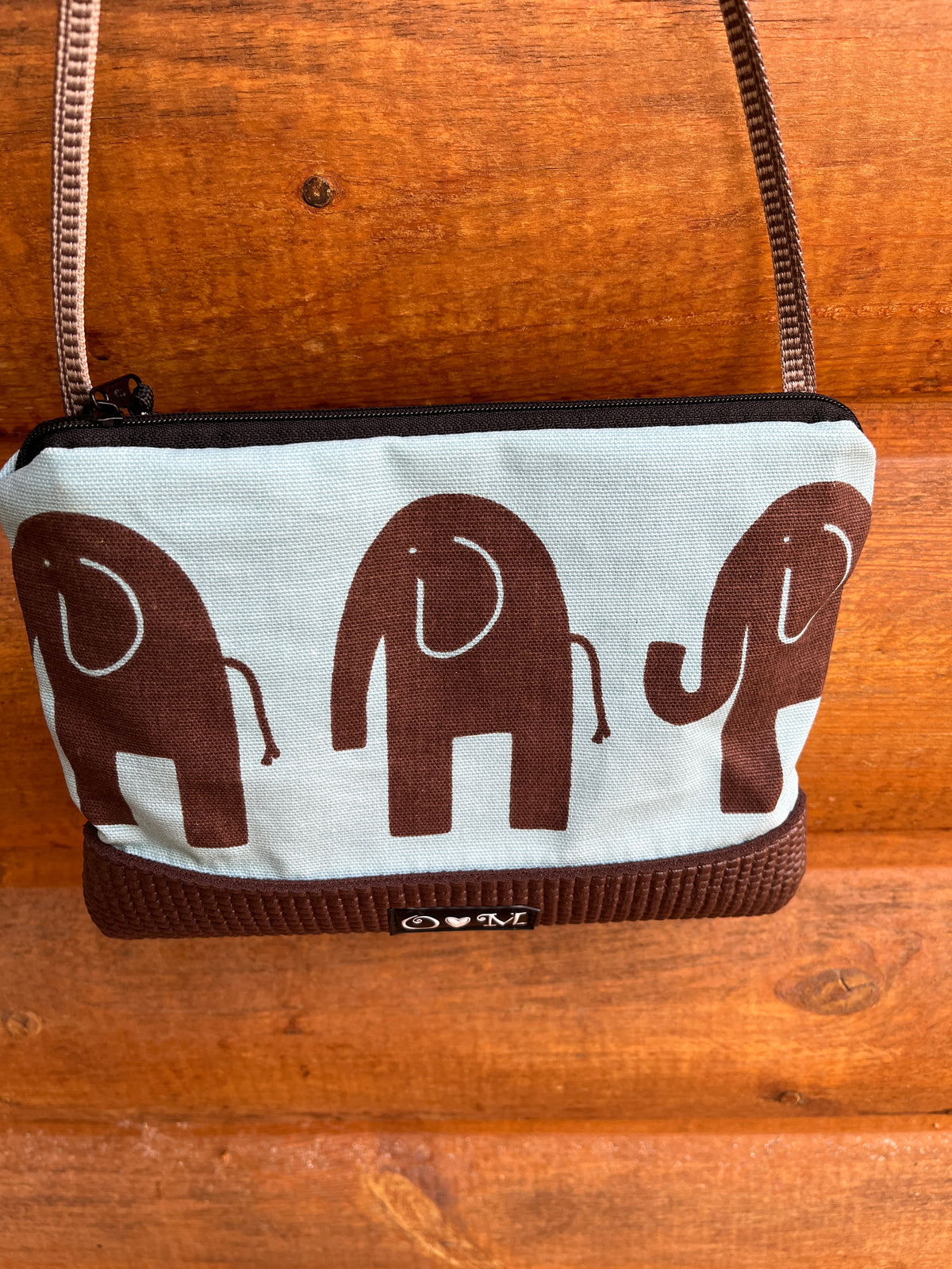 Brown Long Strap Purse - Blue/brown Elephant print