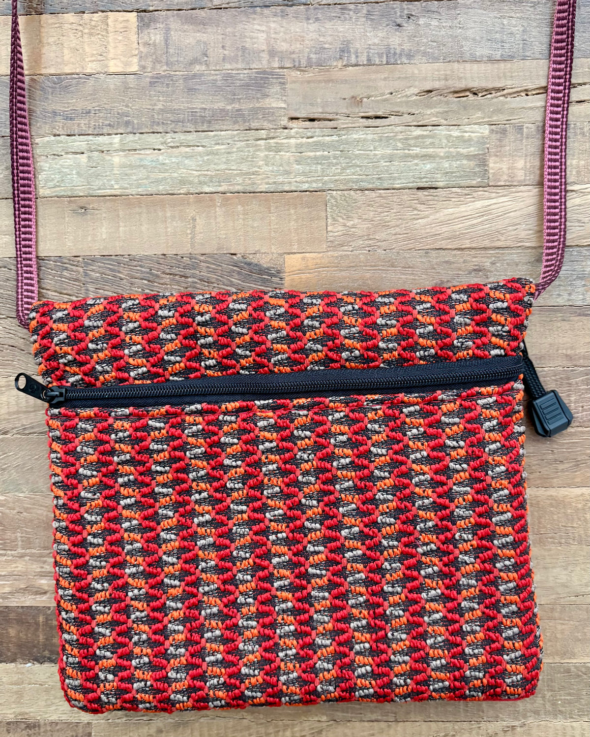 3 Zip Red Adjustable Strap- Red geometric Print Fabric