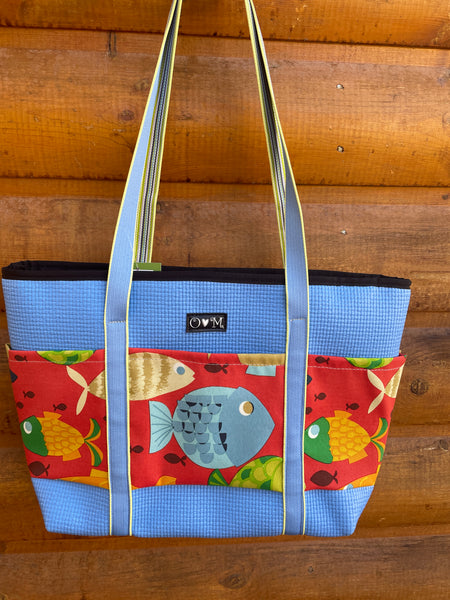 Blue Fish Theme Quilted Fabric, Adjustable Length Tote Bag 